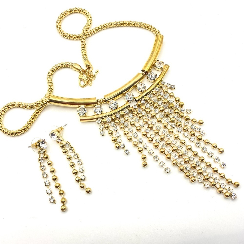 Gold Tone Sparkly Rhinestone Statement Necklace and Earrings Set - Picture 11 of 11